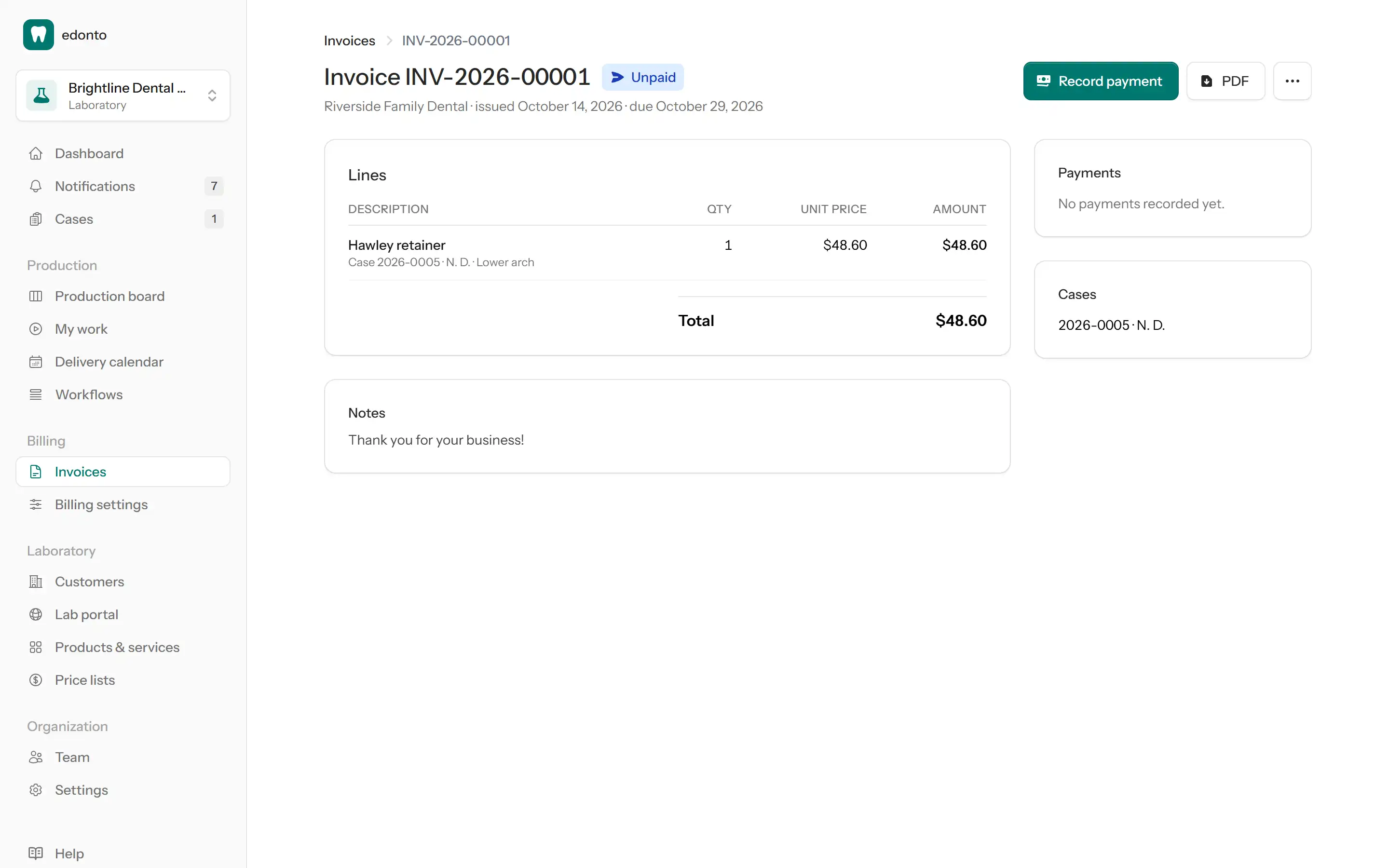 Issued invoice with line items, total and payment status