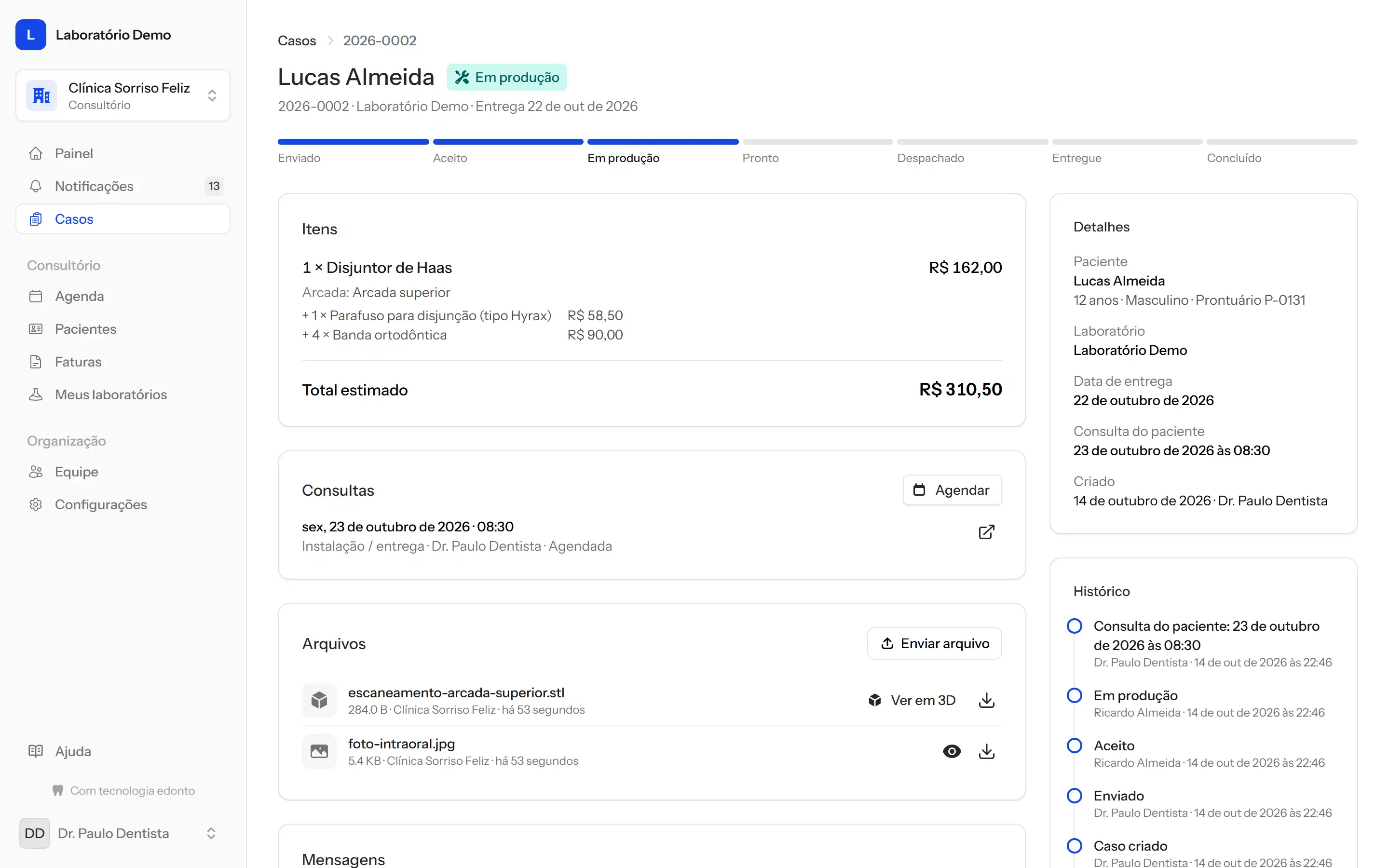 Um caso no portal do laboratório com status, itens, consulta, arquivos e histórico