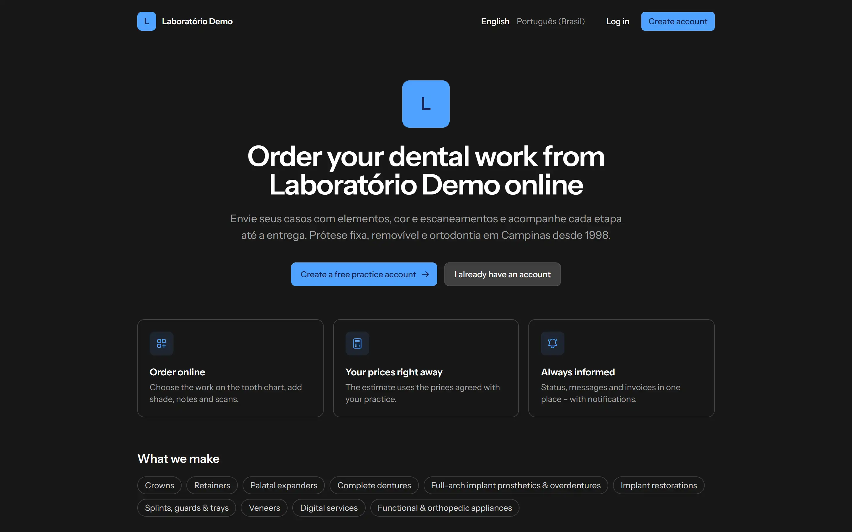 Portal de um laboratório com logo e cor próprias e cadastro para clínicas