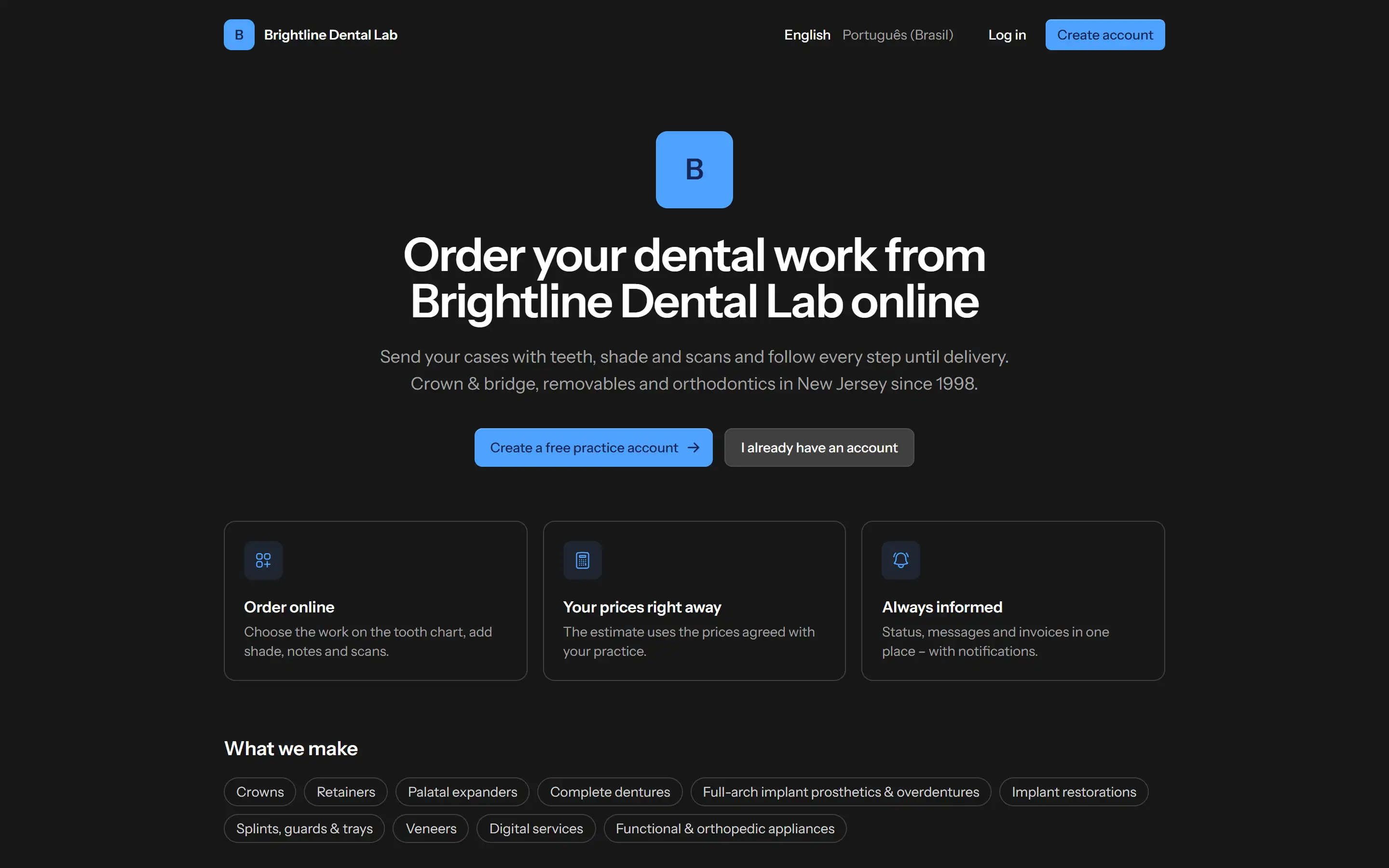 A lab's branded portal with its own logo, brand color and sign-up for clinics