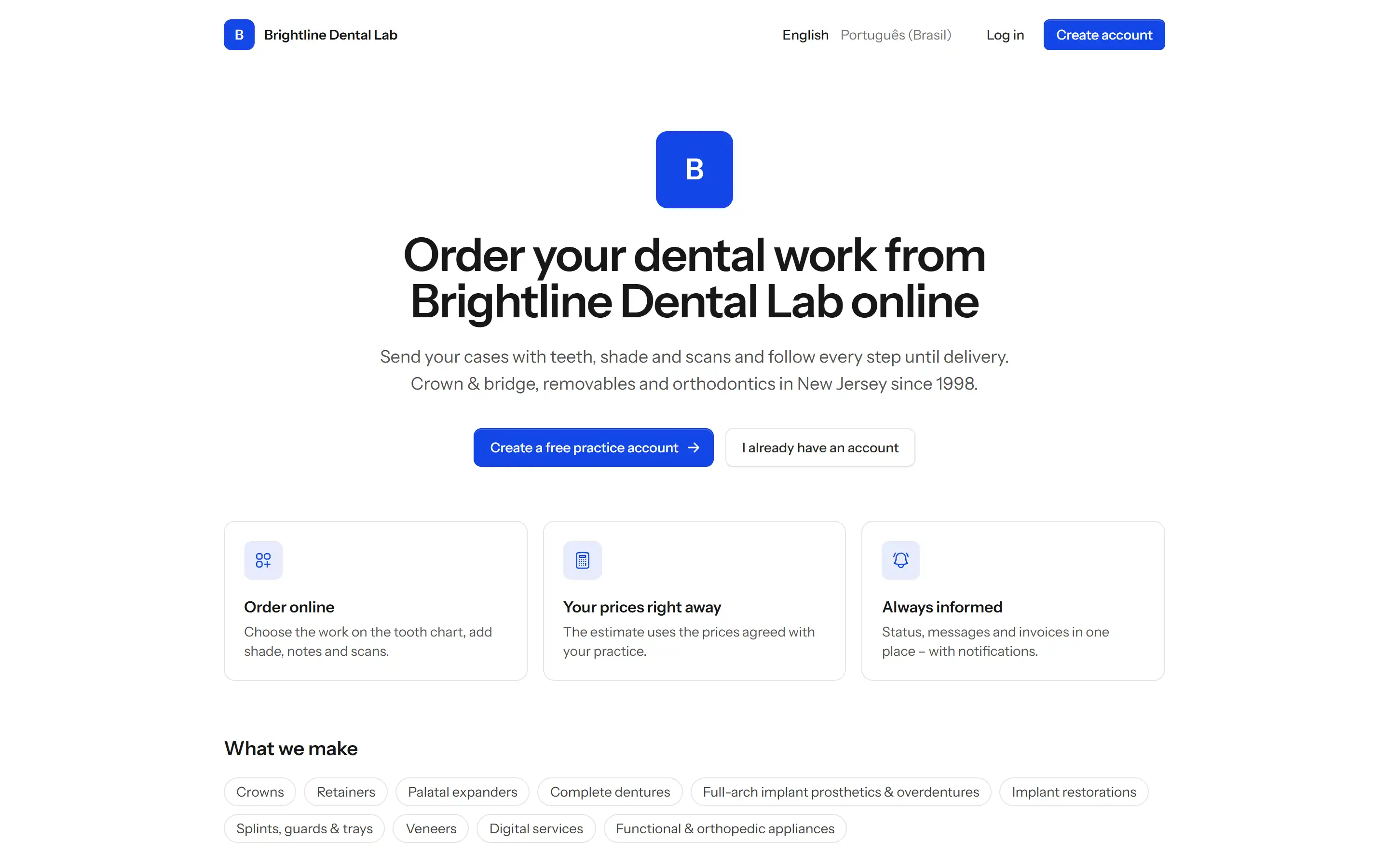 The portal of Brightline Dental Lab with sign-up and login for clinics
