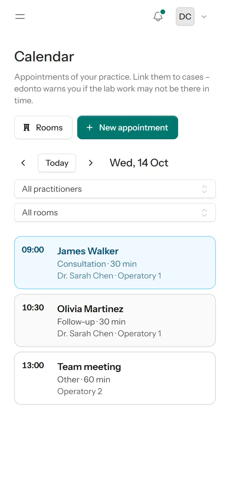 Day view of the clinic calendar on a phone