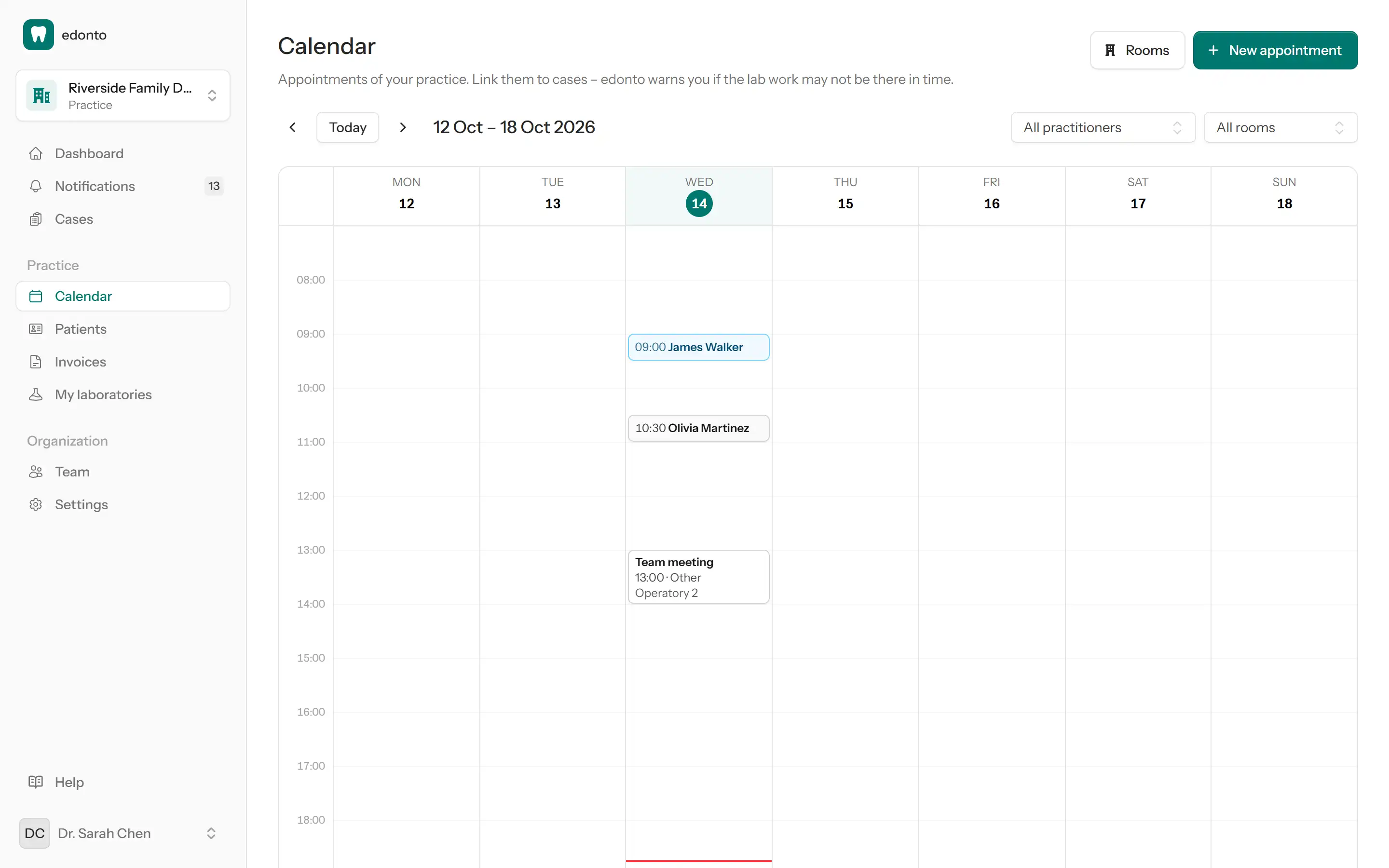 Week view of the clinic calendar with an appointment marked as at risk