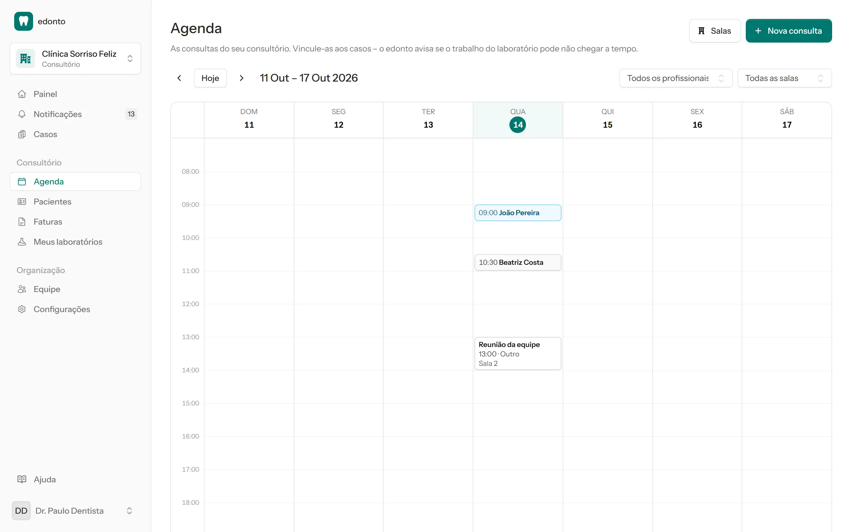 Semana da agenda da clínica com uma consulta marcada como em risco