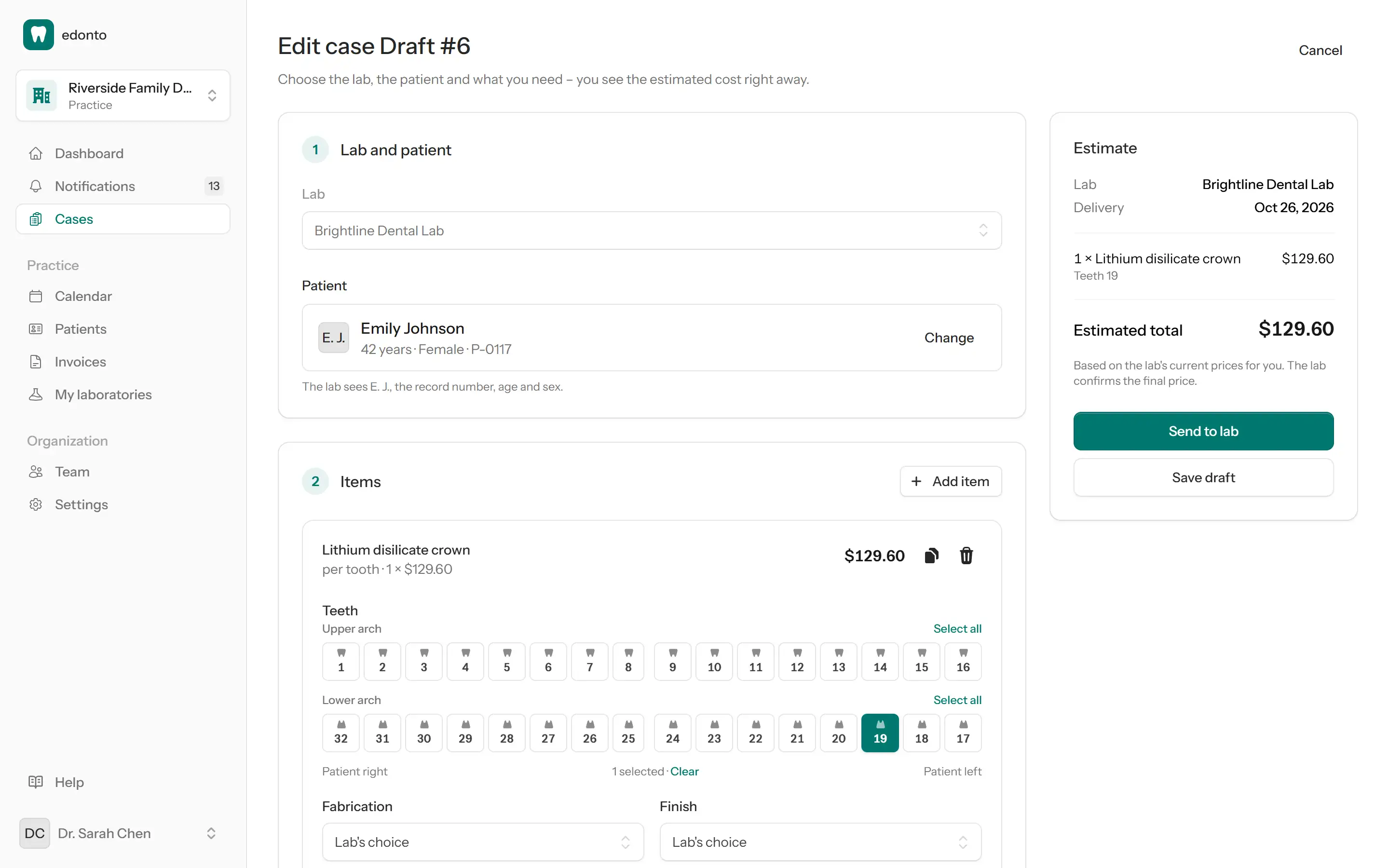 New case form with tooth chart, a selected tooth and the cost estimate