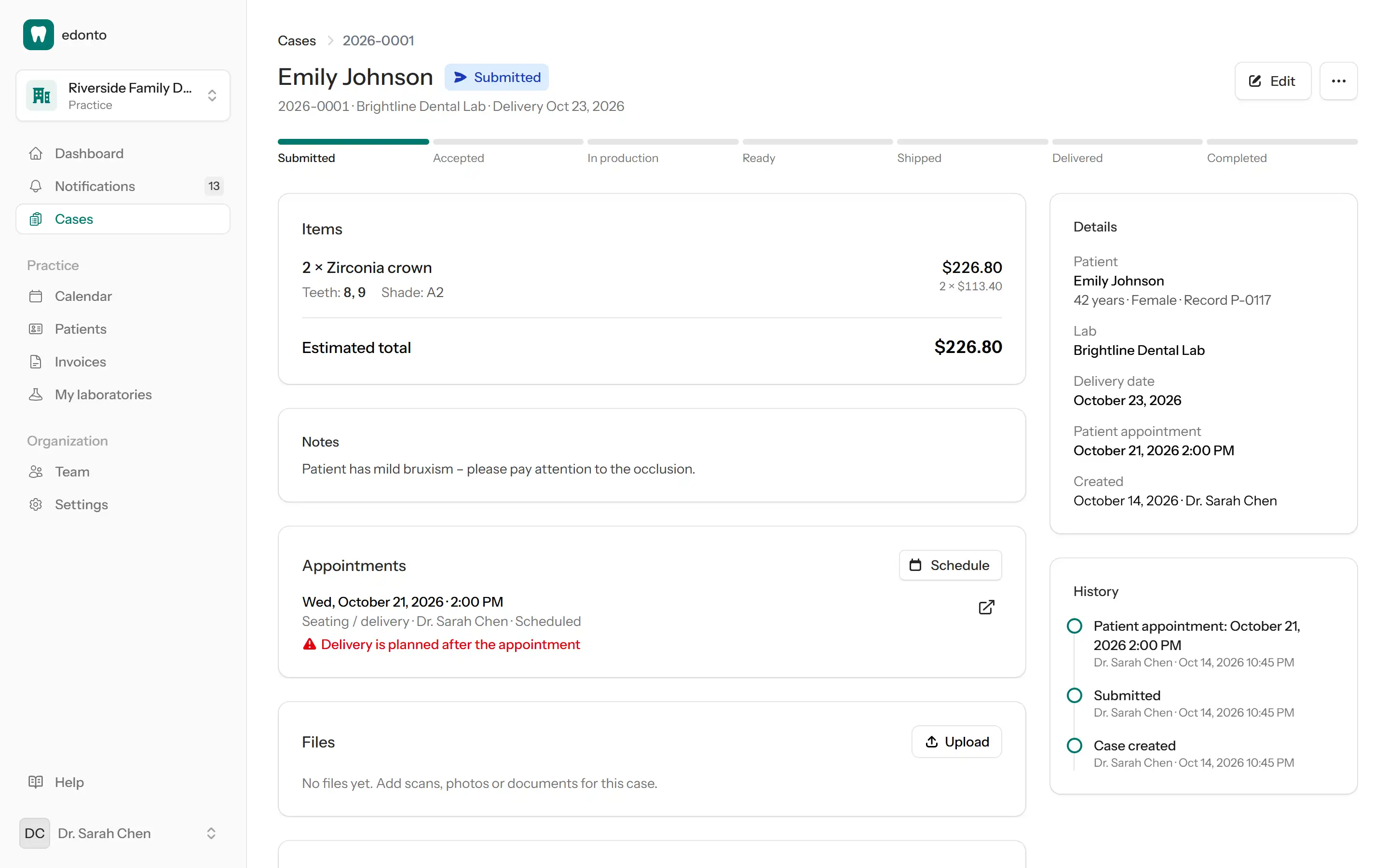 Clinic case page with status, items, appointment and a delivery warning